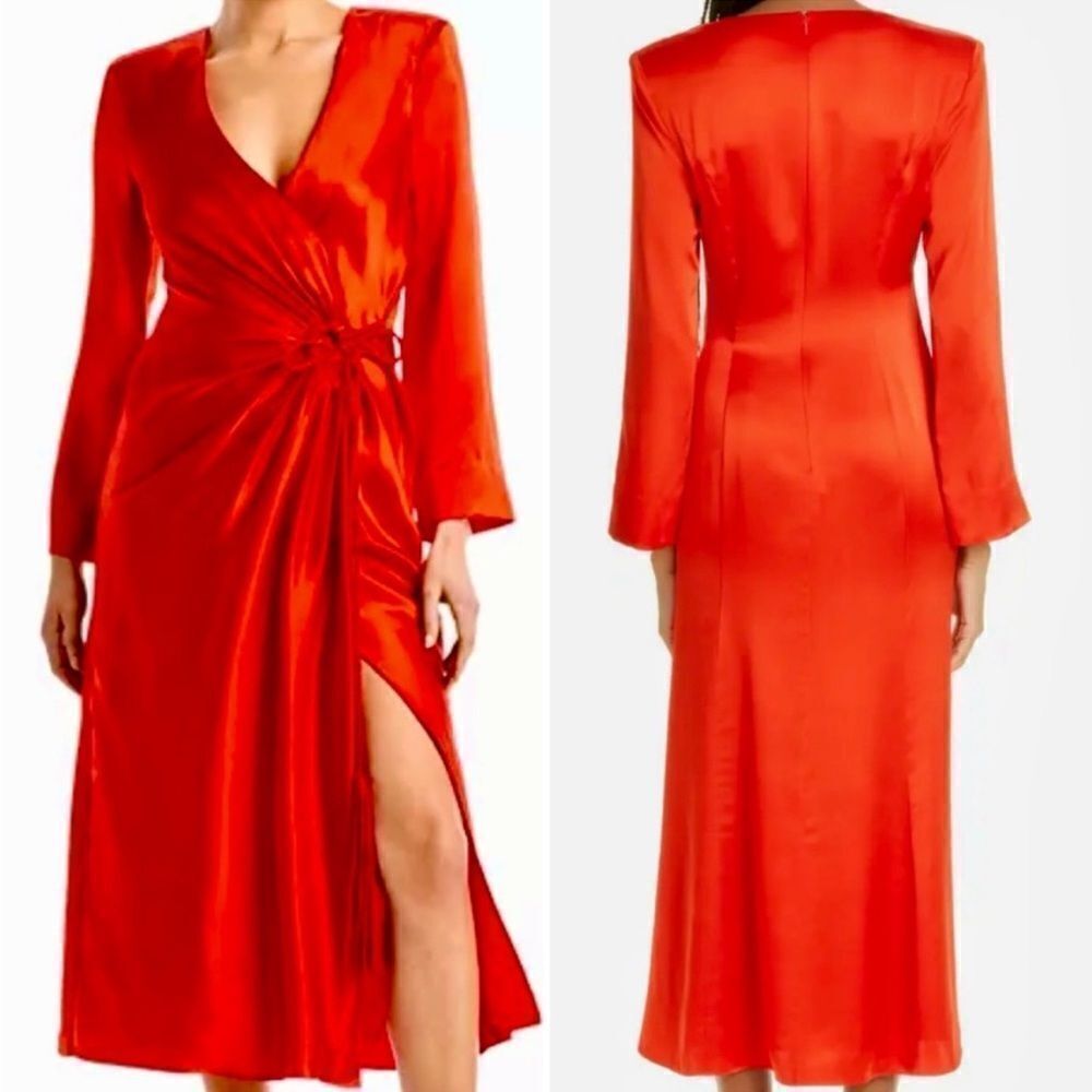 CINQ à SEPT Serena Silk Faux Wrap Deep V-Neck Midi Long Sleeve Dress NWT $695